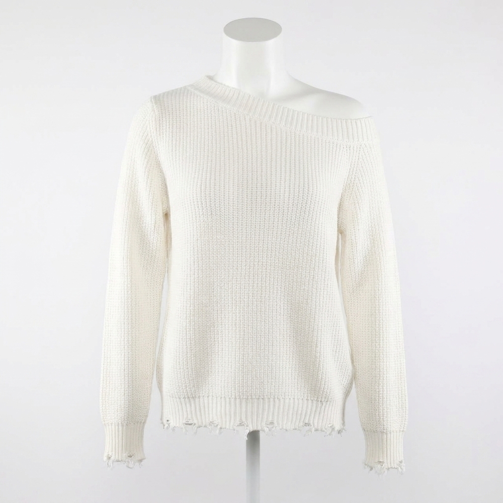 NEW MINNIE ROSE cotton shaker off-the-shoulder sweater top in white